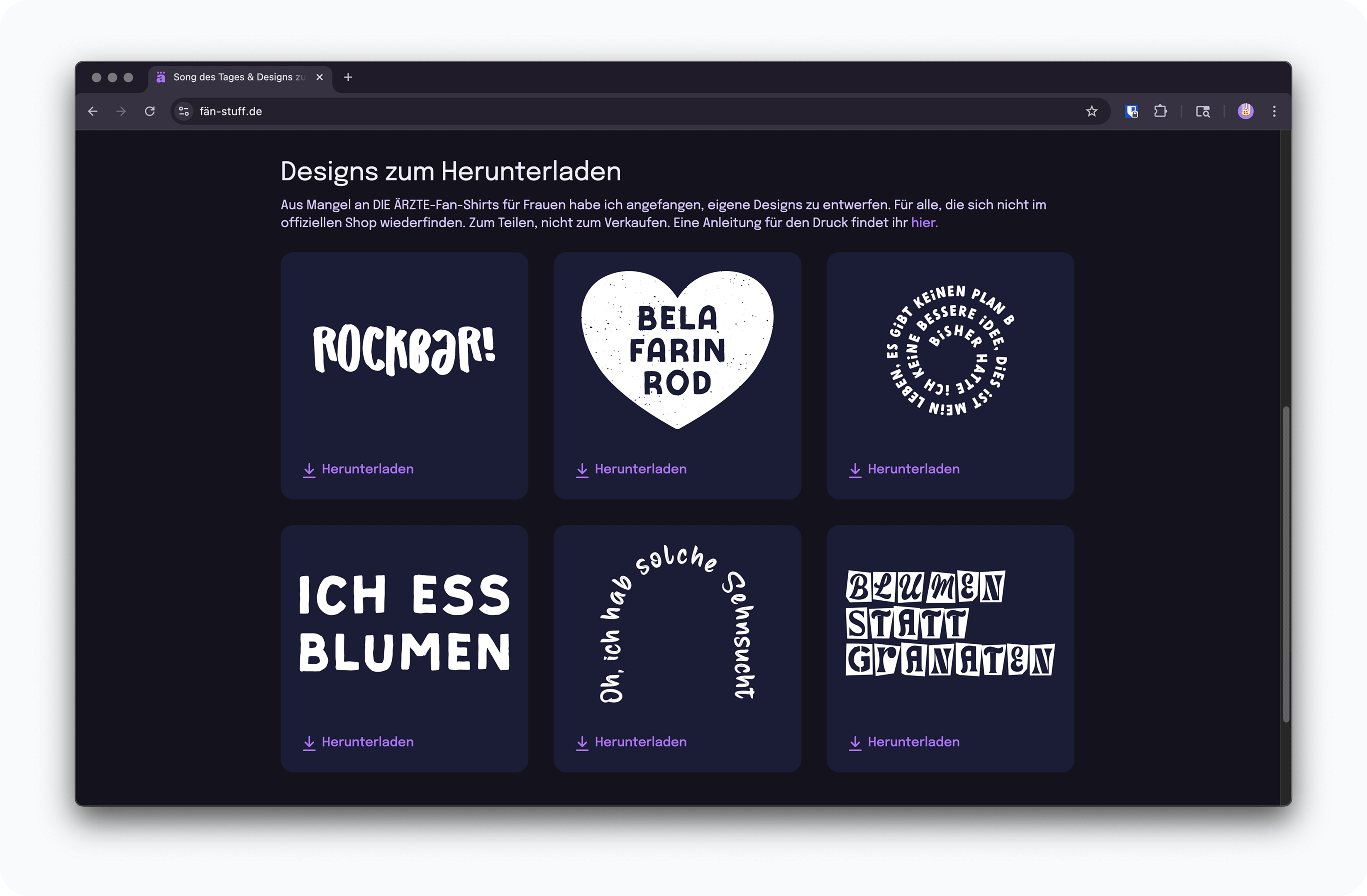 Screenshot der Website fän-stuff.de, zu sehen sind Designs für Shirts zum Herunterladen